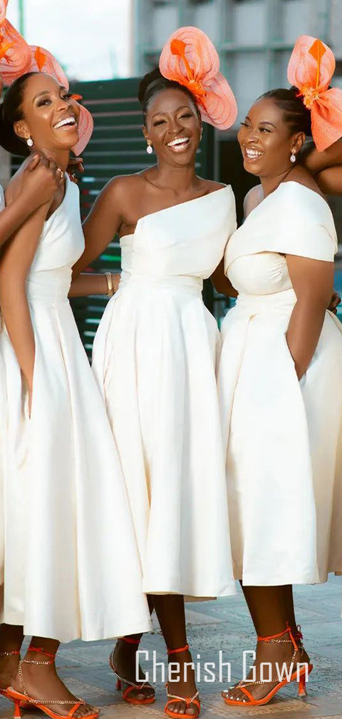 Charming A-line Satin One-Shoulder Tea-length Bridesmaid Dress, CG015