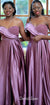 One-Shoulder Satin A-line Beaded Slit Long Bridesmaid Dress, CG038