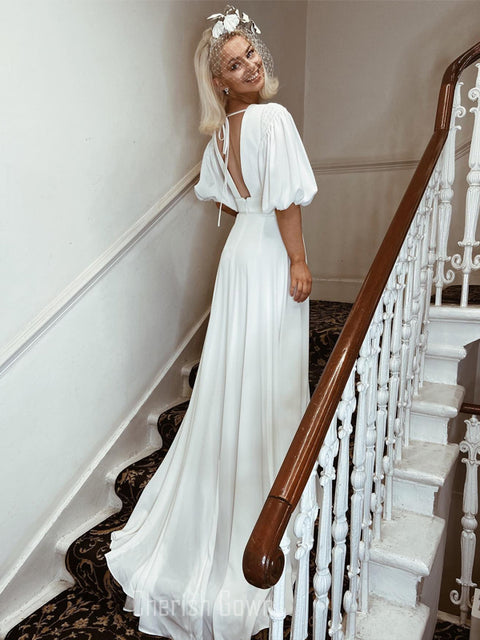 A-line Half Sleevelss V-neck Backless Long Wedding Dress, CG118