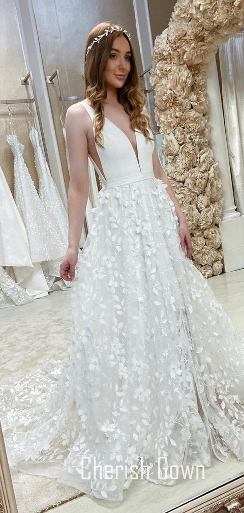Stunning Deep V-neck Lace A-line Satin Long Wedding Dress, CG120