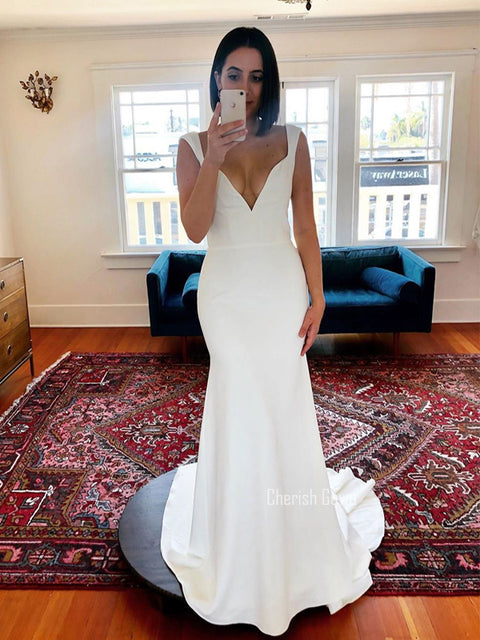 Simple V-neck Mermaid Secy Backless Long Wedding Dress, CG135