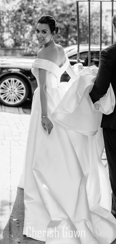 Off Shoulder A-line Satin Sexy Slit Long Wedding Dress, CG156