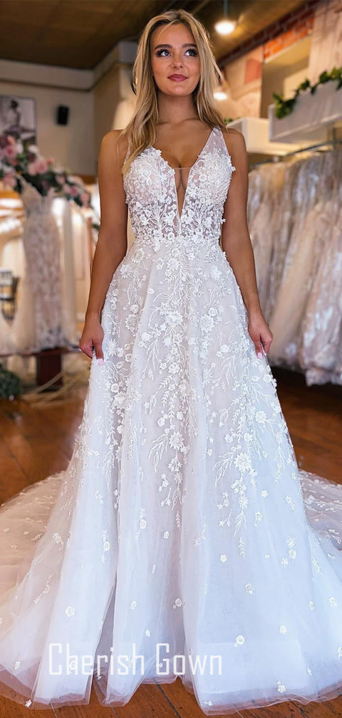 Charming A-line Lace V-neck Backless Long Wedding Dress, CG159