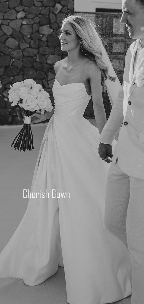 White A-line Satin Sweetheart Backless Slit Long Wedding Dress, CG186