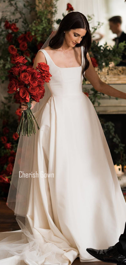 Elegant A-line Satin Square Neckline Backless Long Wedding Dress, CG200