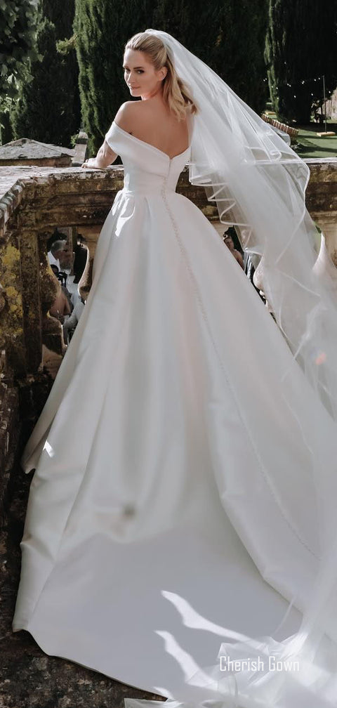 Off Shoulder White Satin A-line Slit Simple Wedding Dress, CG210
