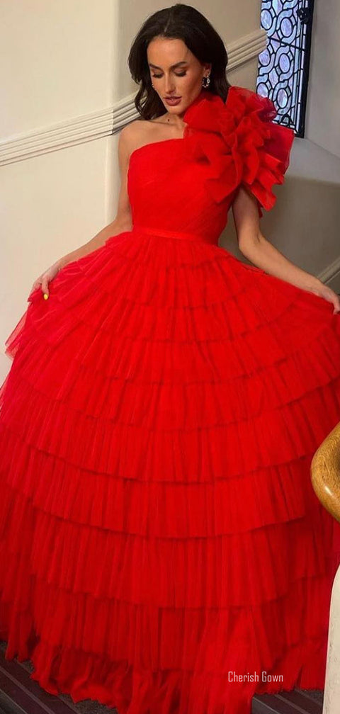 Red One-shoulder Tulle A-line Floor-length Prom Dresses, CG227