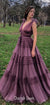 Gorgeous A-line Tulle V-neck Backless Long Prom Dresses, CG232