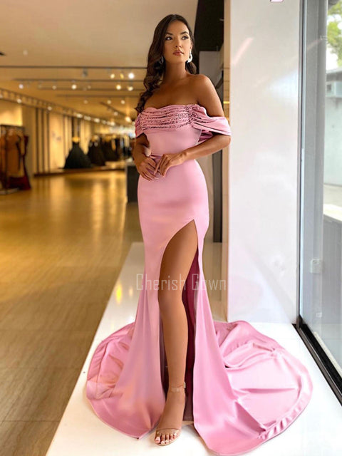 Pink Off Shoulder Mermaid Sequin Slit Long Prom Dresses, CG235