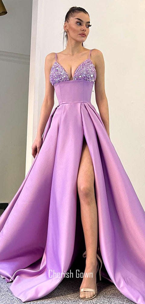 Charming A-line Satin Spaghetti Straps Slit Sequin Prom Dresses, CG251