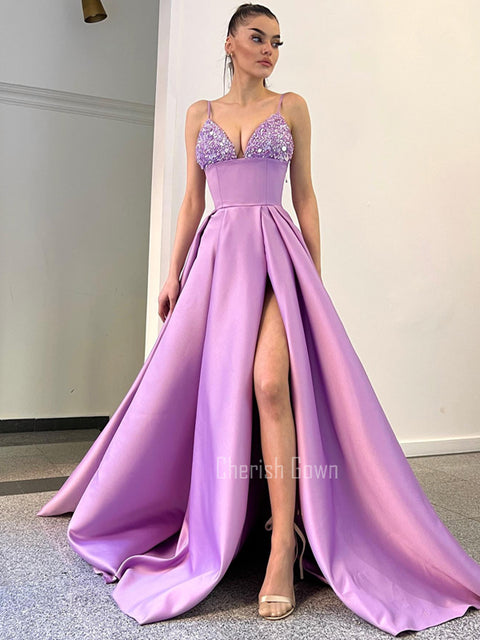 Charming A-line Satin Spaghetti Straps Slit Sequin Prom Dresses, CG251