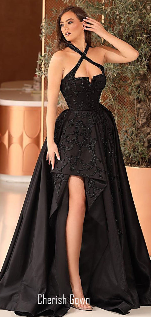 Black Satin A-line Sequins Sexy Slit Long Prom Dresses, CG267
