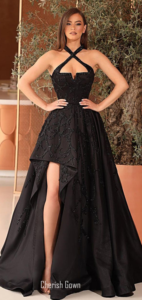 Black Satin A-line Sequins Sexy Slit Long Prom Dresses, CG267
