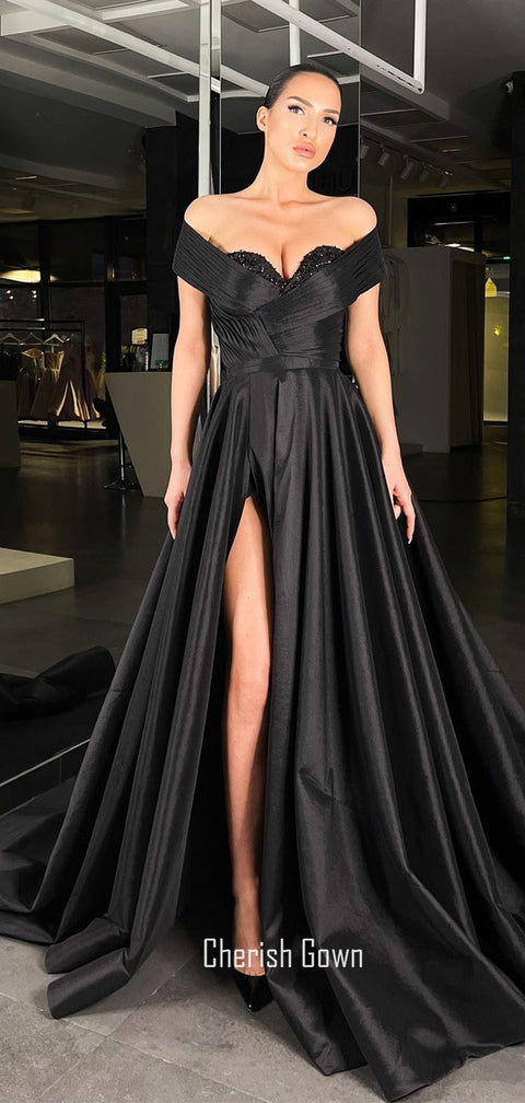 Stunning Off Shoulder Black Satin A-line Slit Long Prom Dresses, CG273
