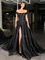 Stunning Off Shoulder Black Satin A-line Slit Long Prom Dresses, CG273