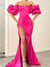 Hot Pink Off Shoulder Mermaid Sexy Slit Long Prom Dresses, CG278