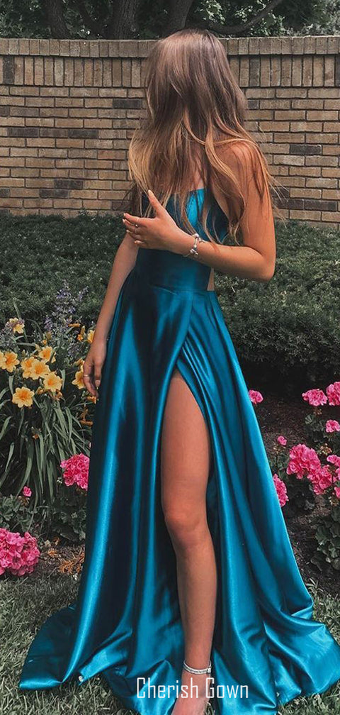 Gorgeous A-line Sexy Slit Backless Long Prom Dresses, CG287