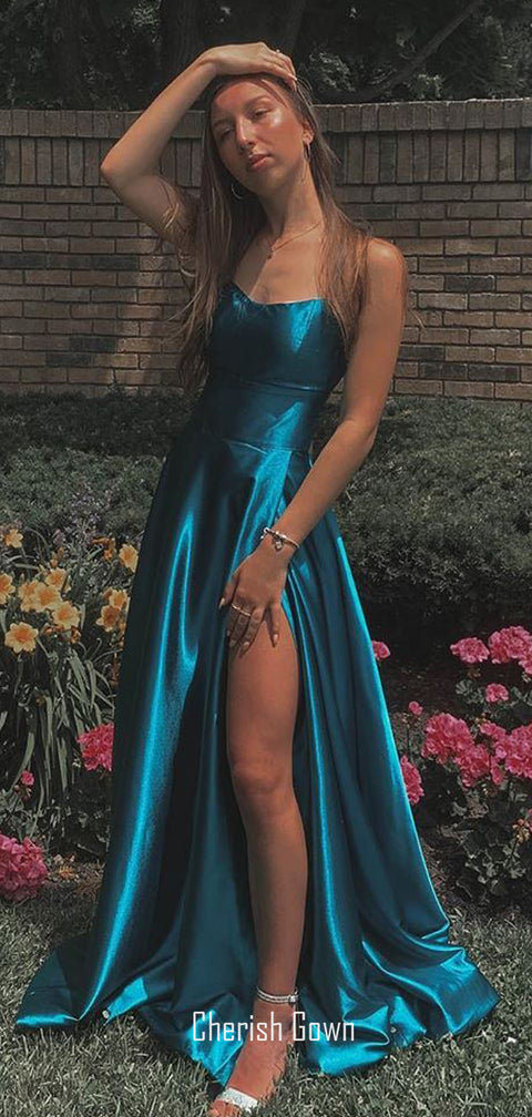 Gorgeous A-line Sexy Slit Backless Long Prom Dresses, CG287