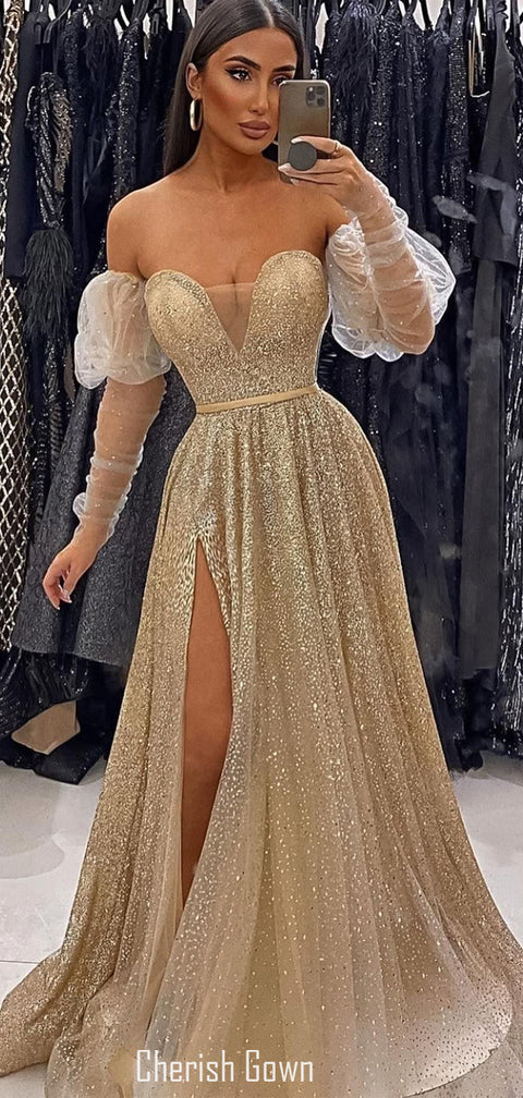 Sparkle Sequin A-line Sweetheart Long Sleeves Slit Prom Dresses, CG292