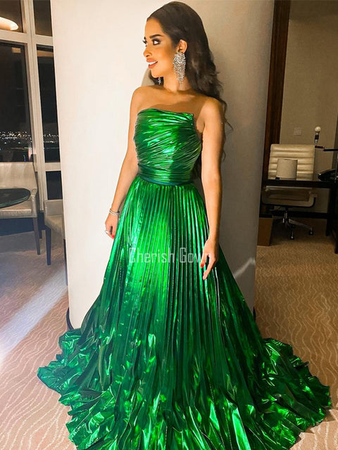 Unique A-line Straight Neckline Green Backless Long Prom Dresses, CG294