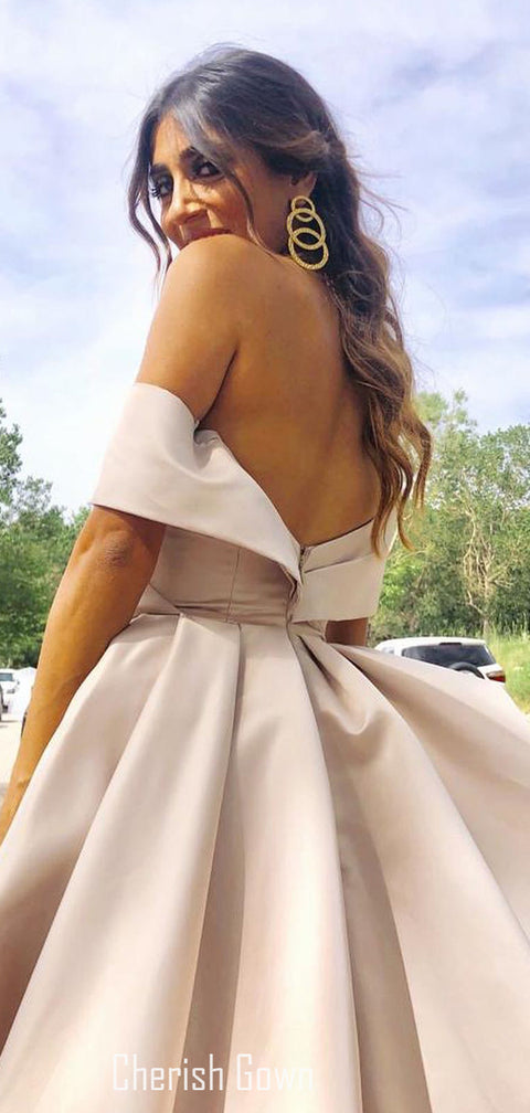 Adorable A-line Satin Off Shoulder Backless Slit Prom Dresses, CG297