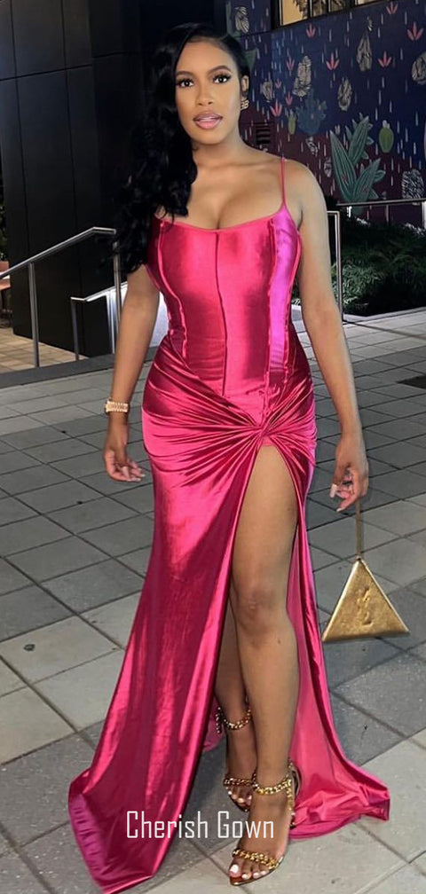 Hot Pink Sexy Mermaid High Side Slit Long Backless Prom Dresses, CG300