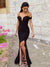 Simple Black Mermaid Off Shoulder Slit Long Prom Dresses, CG306