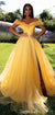 Charming Off Shoulder Yellow Chiffon Slit  Prom Dresses, CG316