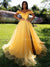 Charming Off Shoulder Yellow Chiffon Slit  Prom Dresses, CG316