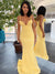 Yellow Spaghetti Straps Mermaid Sweetheart Long Prom Dresses, CG334