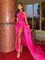 Sexy Hot Pink One-shoulder High Slit Backless Prom Dresses, CG341