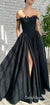 Black Off Shoulder Satin Slit Long Sexy Prom Dresses, CG346