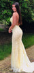 Gorgeous Mermaid Yellow Lace Backless Long Prom Dresses, CG350