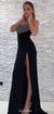 Black Sexy Slit Backless Jersey Sparkle Sequin Long Prom Dresses, CG353