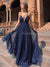 Navy Sparkle A-line Sexy Backless V-neck Long Prom Dresses, CG376