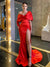Elegant Red Mermaid Off Shoulder Long Sleeve Prom Dresses, CG381