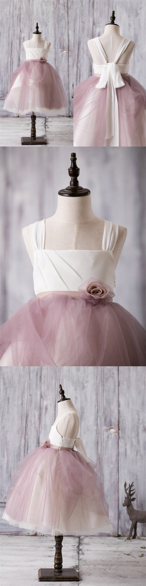 Newest Arrival Strap White Top Dusty Rose Tulle Cute Flower Girl Dresses, FG012