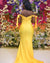 Yellow Mermaid Soft Satin Off Shoulder Backless Sexy Slit Bridesmaid Dress, CG023