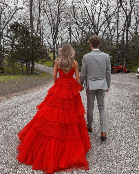 Red A-line Tulle V-neck Backless Floor-length Prom Dresses, CG221