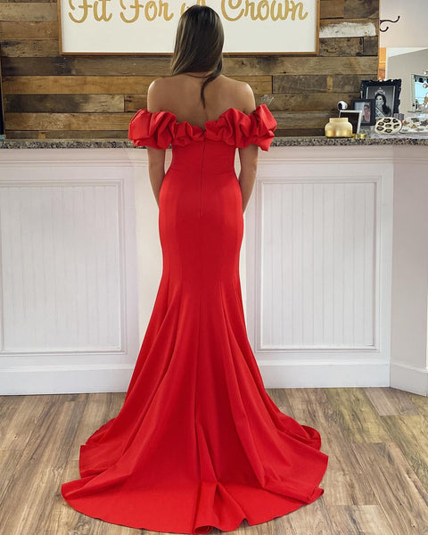 Red Mermaid Off Shoulder Backless Sexy Slit Prom Dresses, CG238