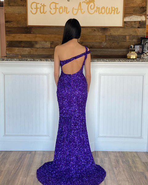 One Shoulder Purple Mermaid Sequin Backless Slit Prom Dresses, CG246