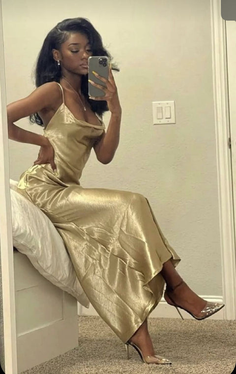 Sexy Mermaid Round Neck Backless Gold Prom Dresses, CG258