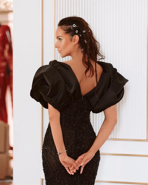 Black Elegant Off Shoulder Satin Long Beaded Prom Dresses, CG329