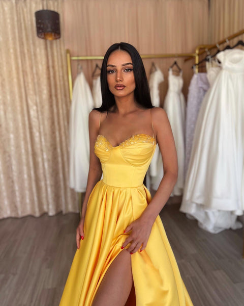 Gorgeous A-line Yellow Satin Sweetheat Slit Long Prom Dresses, CG378