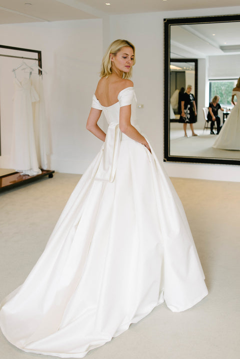 Charming Off Shoulder Satin Backless White Wedding Dress, CG133