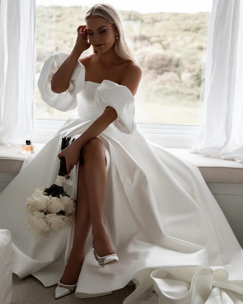 Charming White Satin A-line Backless Long Wedding Dress, CG185