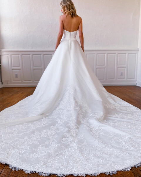 A-line Satin Straight Neckline Backless Lace Wedding Dress, CG190