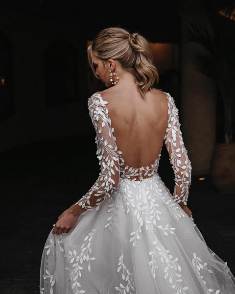 Gorgeous A-line Lace Long Sleeves V-neck Wedding Dress, CG206